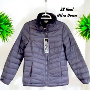 32 Heat NWT Ultra Light Down Women's Blue Jacket Coat Faux Fur Lining Puffer XS